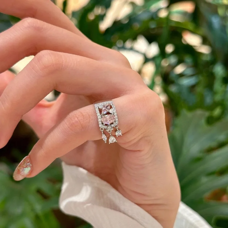 Light luxury exquisite hollow pink gems water droplet tail rings for women silver 925 sweet style tassel ring wedding jewelry