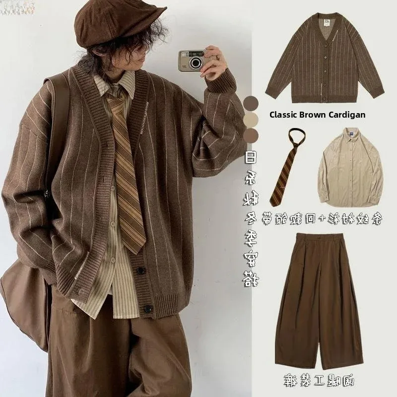 Neutral Striped Open Cardigan Sweater V-Neck Knitted Jacket for Men And Women Autumn Winter Retro Japanese Style College Wind