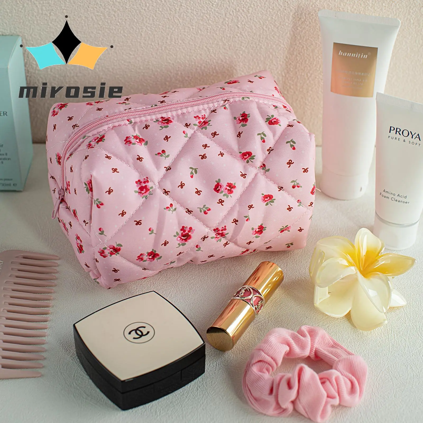 MIROSIE Fashion Floral Makeup Bag Cherry Travel Portable Large Capacity Wash Bag Cosmetic Skin Care Product Storage Bag Pouch