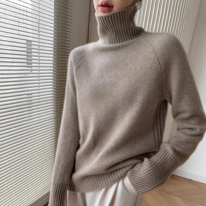 Women's 2024 Autumn/Winter New Arrivals, Loose-Fitting High-Neck Pure Cashmere Sweater, Solid Color Innermere Knitted Baseline S