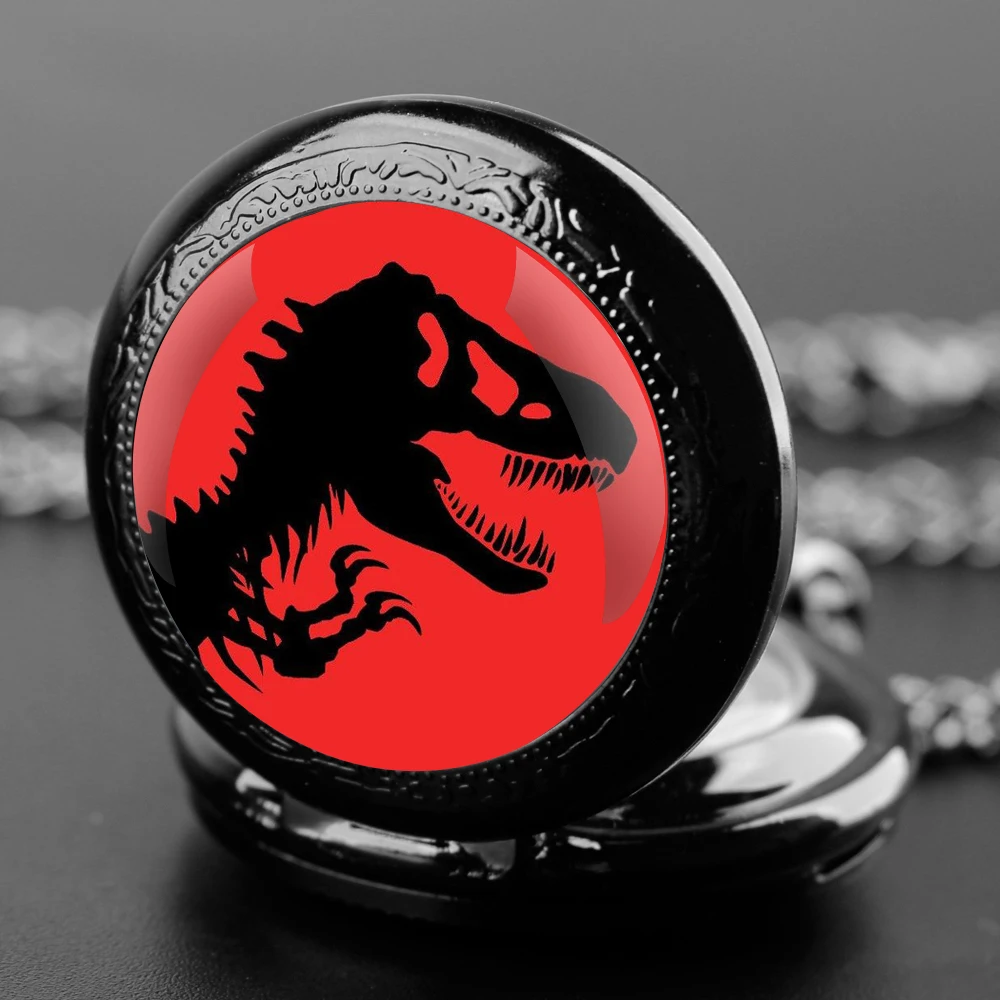 

Jurassic Park Dinosaur Glass Dome Vintage Arabic Numerals Quartz Pocket Watch Necklace Pendant Clock Chain Men Women for Lover