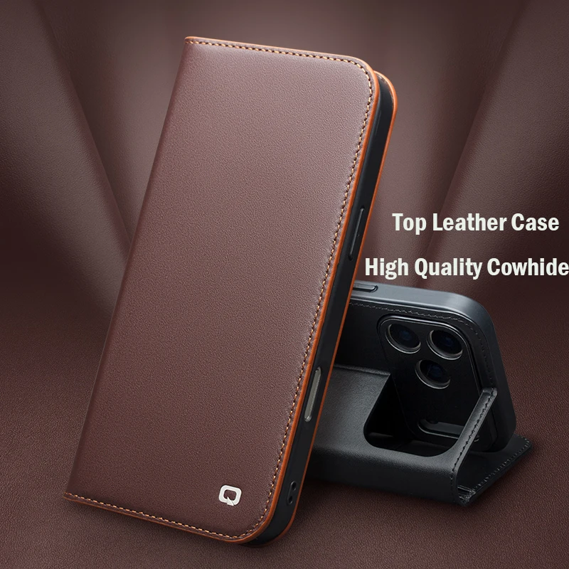 

QIALINO Case for iPhone 17 Pro Genuine Leather Flip Bracket Handmade Business Cover with Card Slots for iPhone 17 Pro Max/17Air