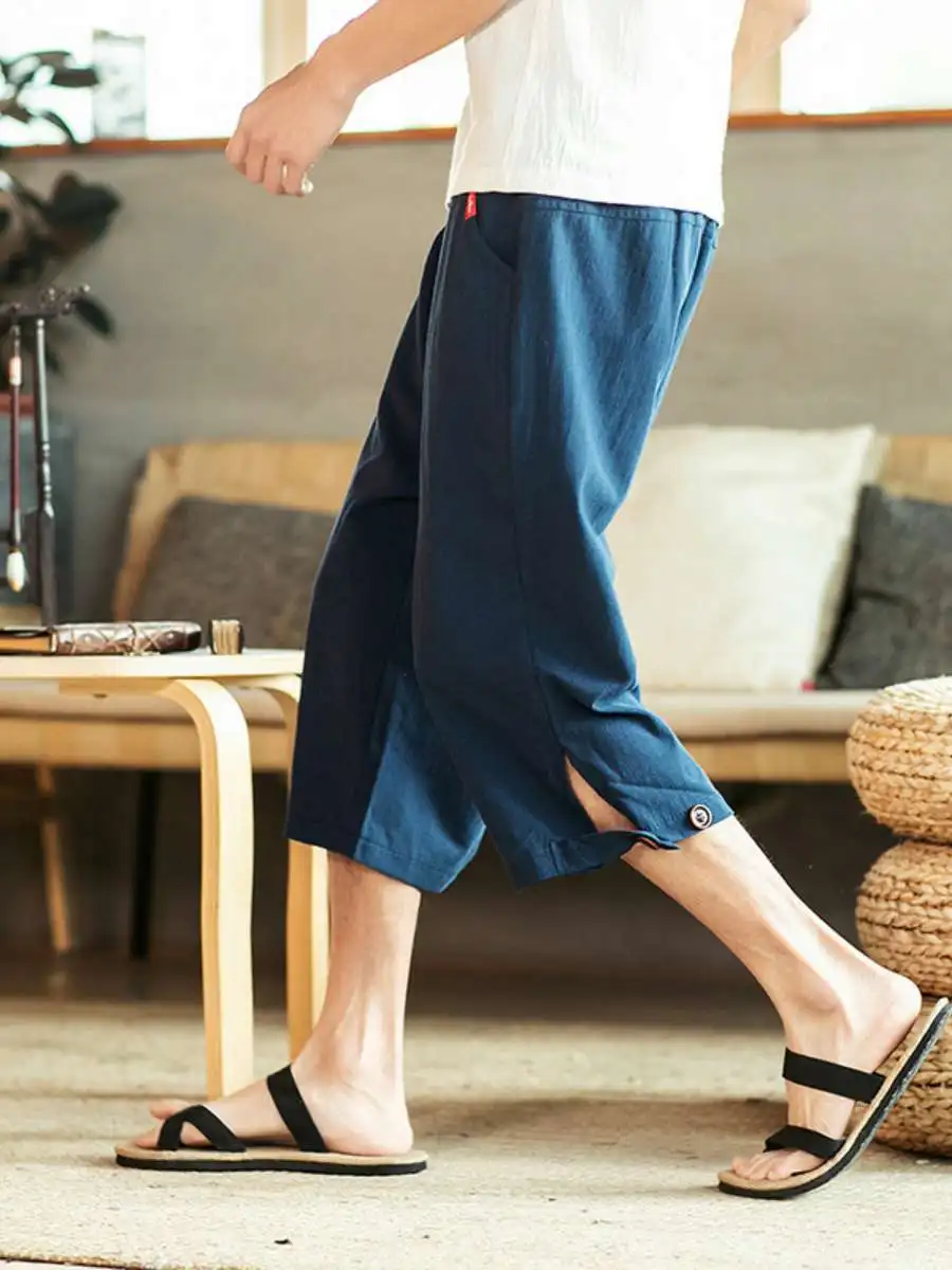 

Summer Thin Loose Casual Cotton Linen Men's Wide Leg Seven-Foot Harlan Mid-Pant Casual Pants Straight Tube No Stretch