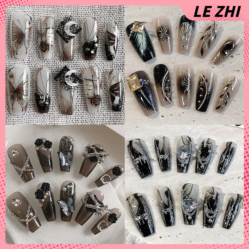 

10Pcs Spice Girl Long Coffin Handmade Press On Nails Glittering Diamond Pearl Flower Chain Spider Wearable Full Cover Nails