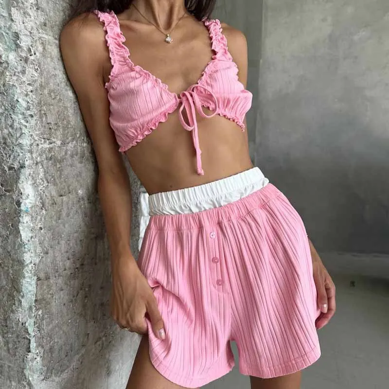 European and American Amazon Pink Striped Cardigan Pajamas Two-piece Casual Loose Long-sleeved Shorts Loungewear Suit Women