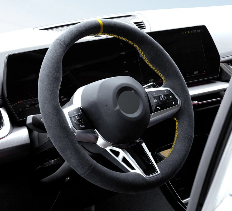Genuine Leather Alcantera Steering Wheel Cover Wrap Yellow Thread Car Accessoires Specifically For BMW G60 G61 G70 M4 G82