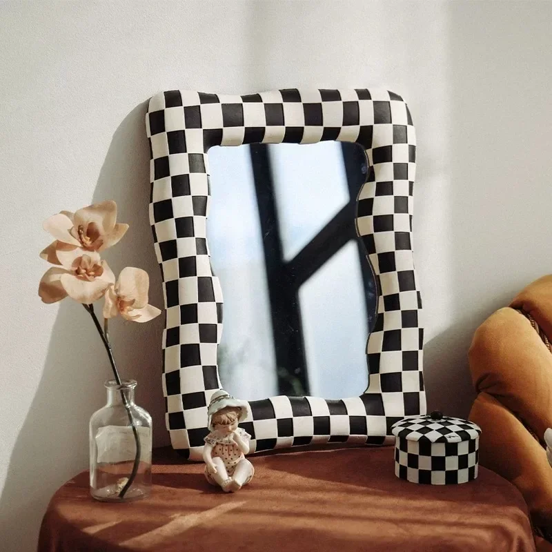 New Black White Color Scheme Bathroom Mirror Checkerboard Pattern Glass Irregular Frame Vanity Entry Bedroom Washroom Decor