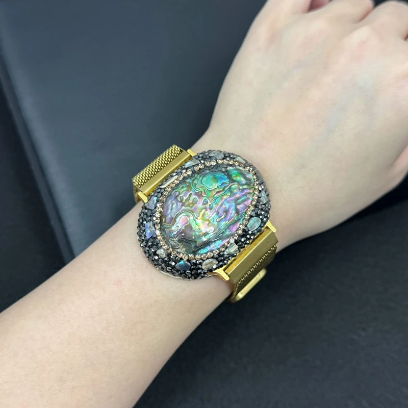 Natural Abalone Shell Tourmaline Crystal Steel Chain Bangle Ring Sets for Women 100% Handmade Pearl Shell Quartz AmethystJewelry - view 2