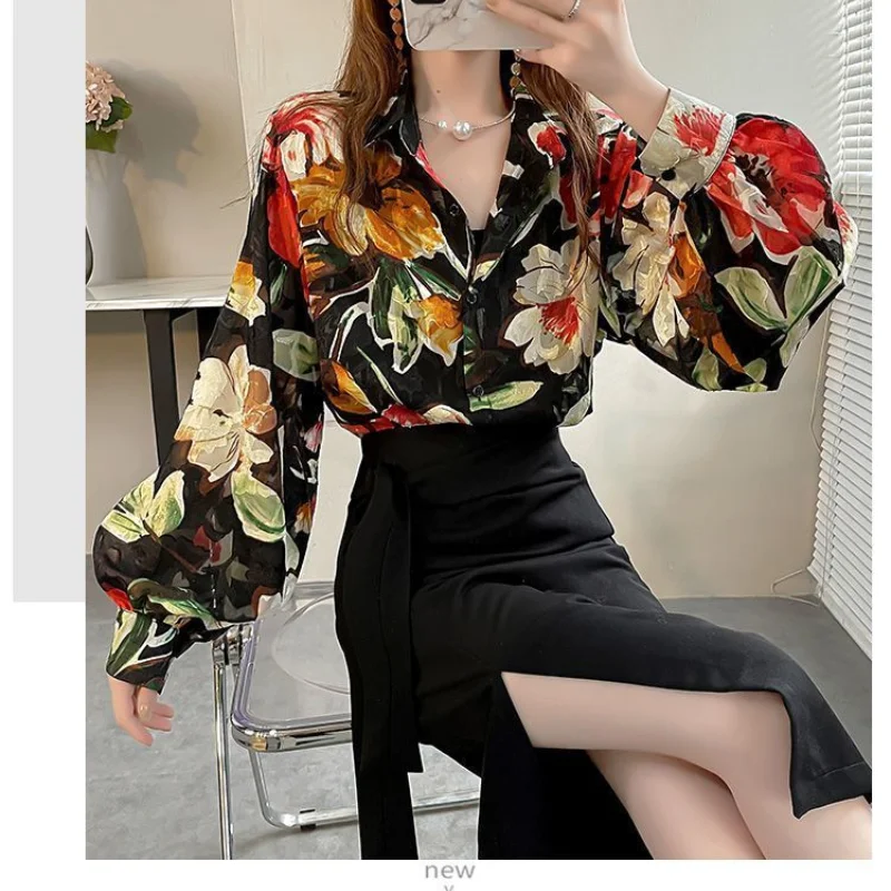 Autumn and Winter New Temperament Versatile Women\'s Top Fashion Printed Button Casual Commuting POLO Collar Long Sleeve Shirt