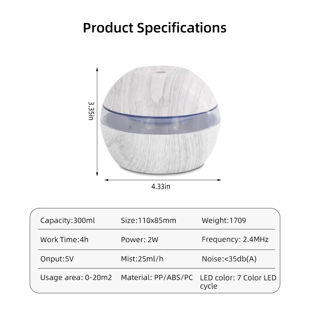 Umidificatore ad ultrasuoni da 300 ml con diffusore per aromaterapia, luci LED a 7 colori, controllo touch e alimentazione USB per casa/ufficio