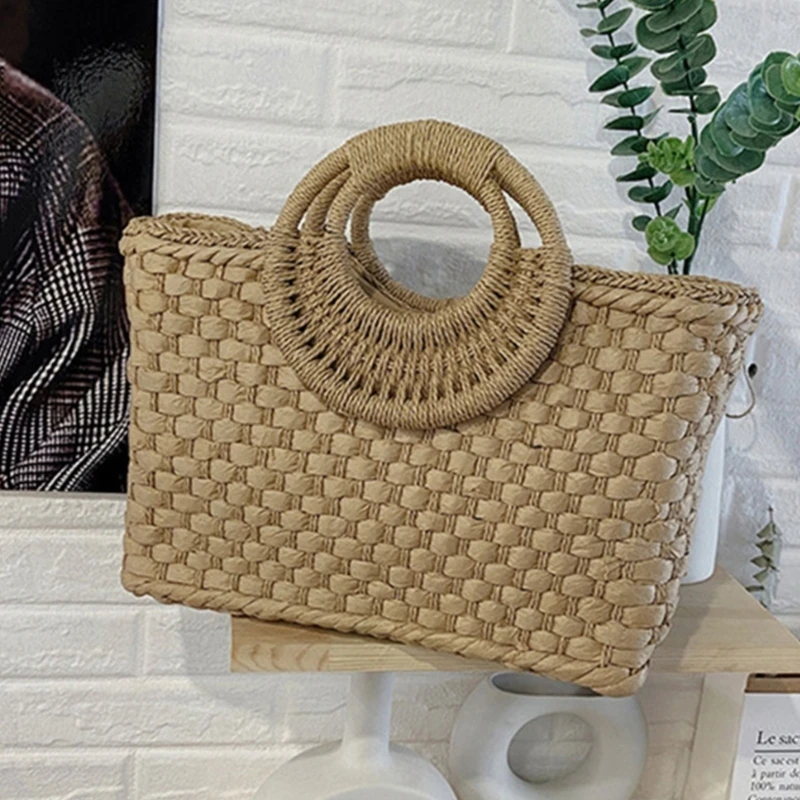 Bohemian Women Summer Beach Woven Straw Handbag with Round Top Handle Travel Vacation Weave Zipper Large Tote Bag Basket