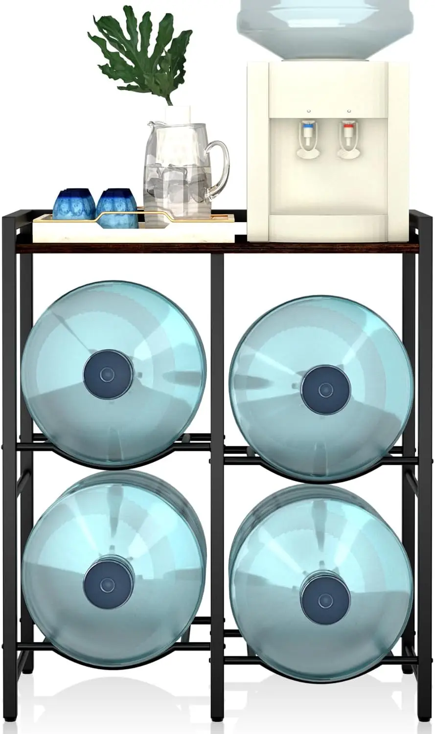 5 Gallon Water Jug Holder for 4 Bottles with Rustic Brown Wood Top Shelf, 5 Gallon Water Jug Stand, 5 Gallon Water Bottle Holder