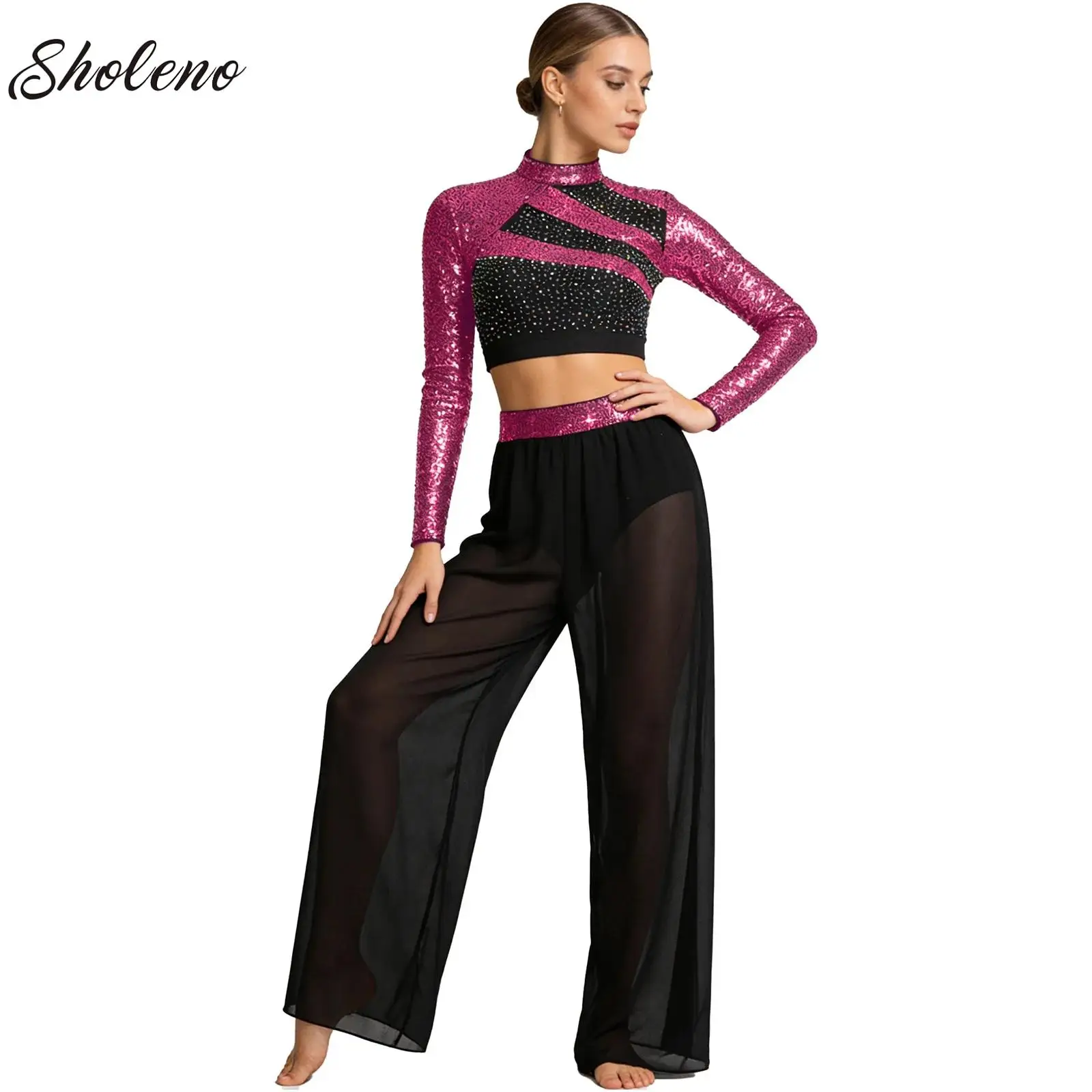 

Women Lyrical Dance Set Ballet Jazz Dance Costume Long Sleeve Sequin Crop Top with Chiffon Wide-Leg Side Slit Dance Pants Outfit