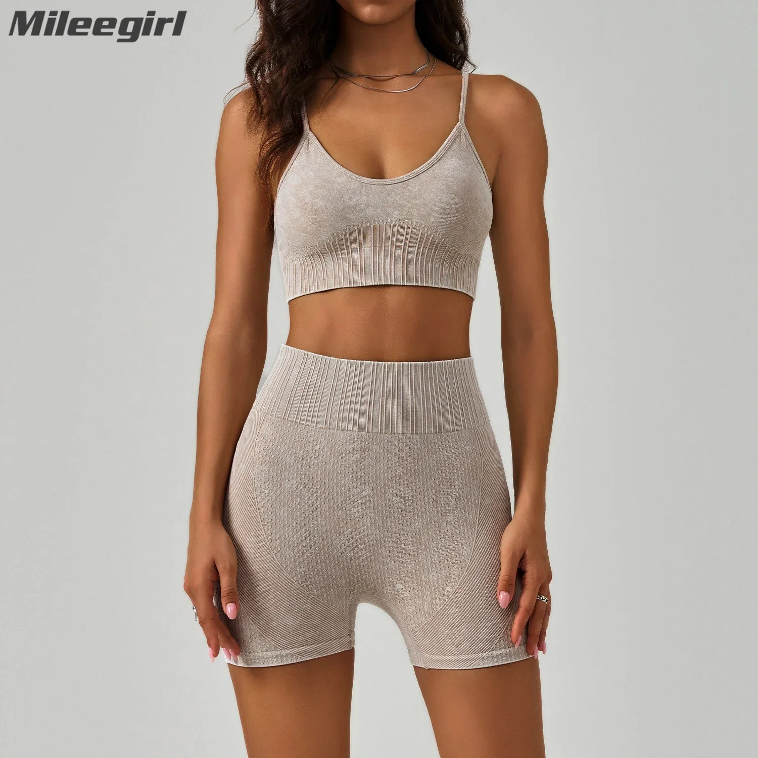 

Mileegirl, 2 шт., бесшовные комплекты для йоги для женщин, спортивные бюстгальтеры, спортивные бюстгальтеры со съемными подушечками, укороченные топы для тренировок, шорты для спортзала с высокой талией