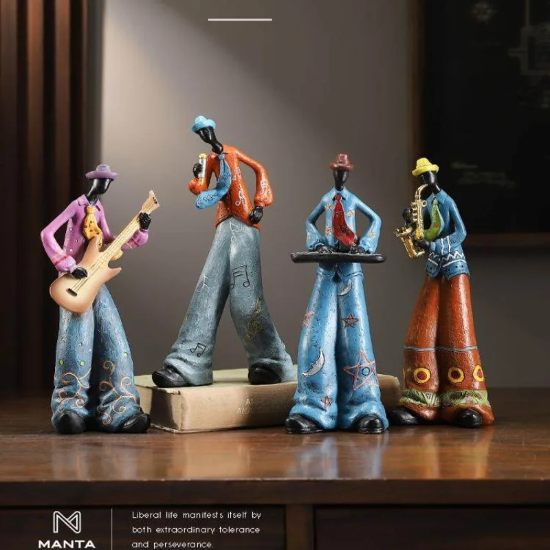 Retro Band Figurine Ornaments, Vintage Bookshelf Wine Cabinet Decor, Electronic Piano Saxophone Display for Home Living Room