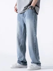 Spring Summer Men's Jeans Straight Denim Pants Elastic Waist Cotton Streetwear Male Wide Baggy Casual Blue Trousers