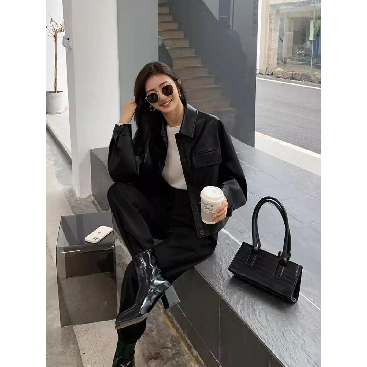 Women's Biker Style Loose Long Sleeve Leather Jacket Spring Autumn Korean Version Short Size Small High End Feeling Coat