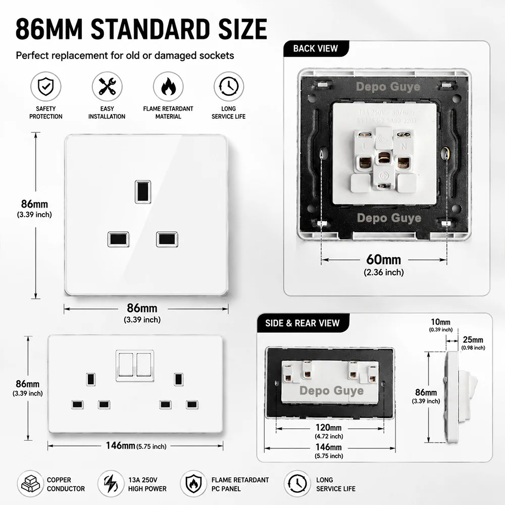 White tempered glass 2Way Wall light switch,UK Wall 18W Type-C Fast Charging usb socket,Universal Electrical outlet plug 220V
