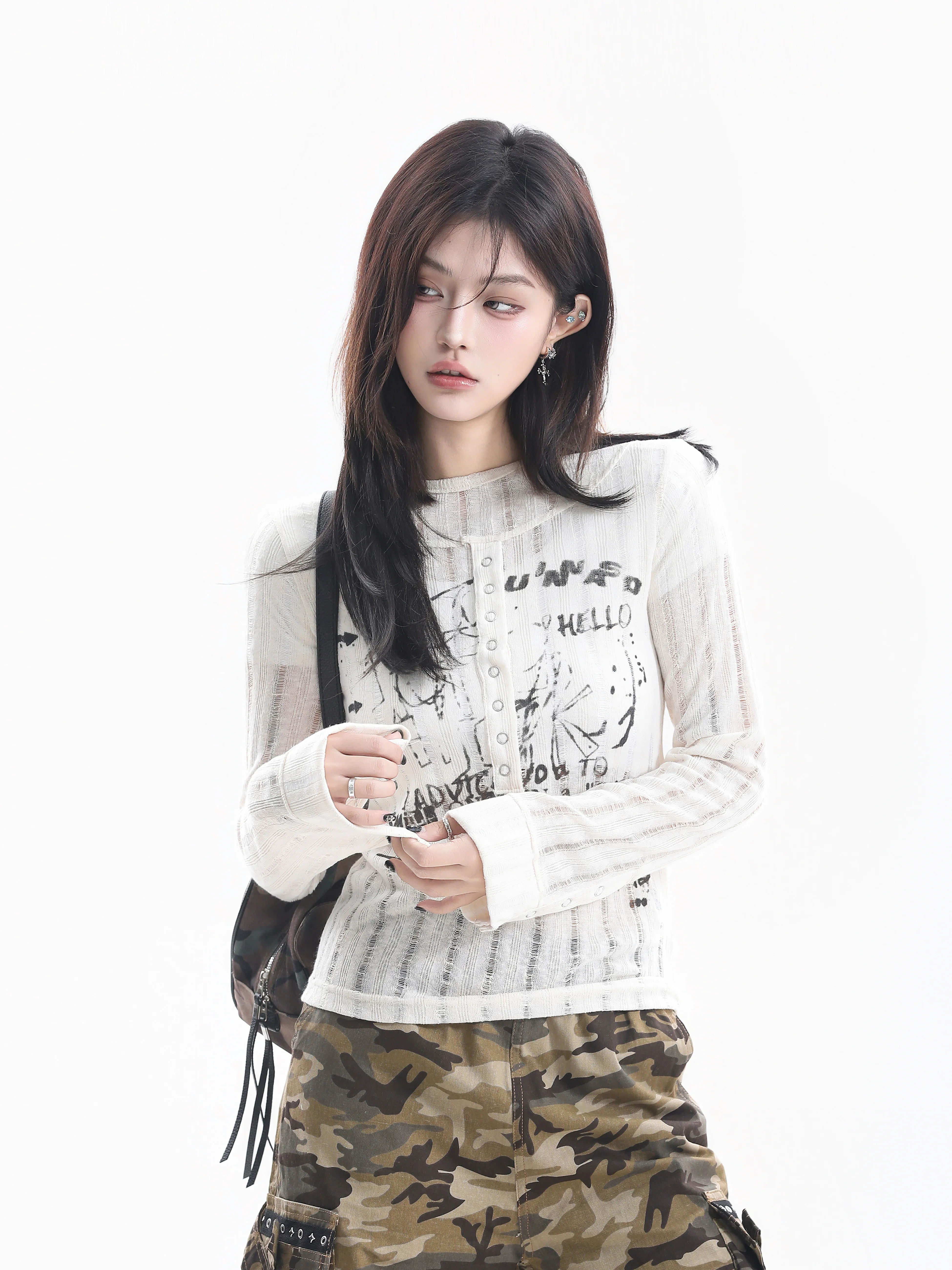 

American Style Graffiti Slim Fit Long Sleeve T-Shirt Women Summer Transparent Vintage Spicy Girl Casual Long Shirt Top