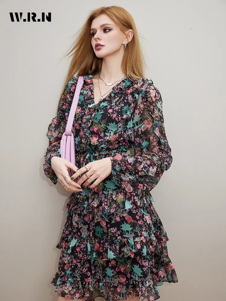 2025 Spring Causal Sexy Long Sleeve V-neck Mini Dresses Women's Floral Printting Chic High Waist Lace-up A-Line Hotsweet Dress