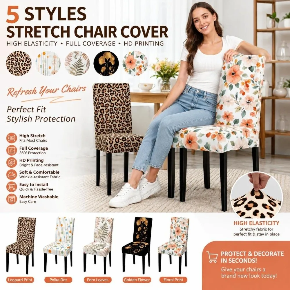 1/6pcs Full Cover Leopard Printed Chair Cover Non Slip Elastic Stretch Chair Cover Floral Washable Dining Chair Cover
