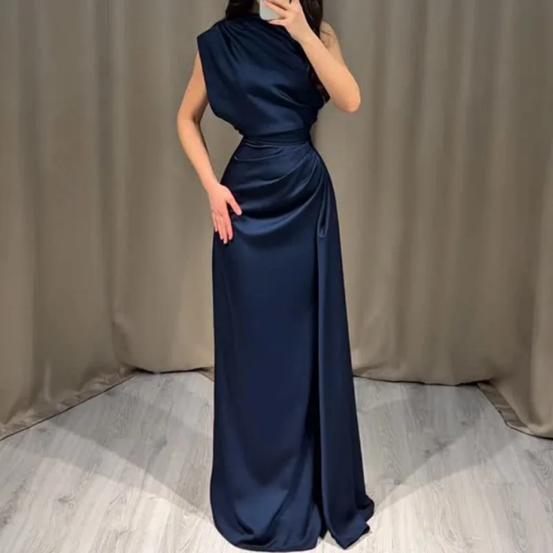 Neues ärmelloses, figurbetontes Damen-Maxikleid aus Satin mit O-Ausschnitt, drapiert, einfarbig, für besondere Anlässe, schlicht, elegant, für Sommerpartys