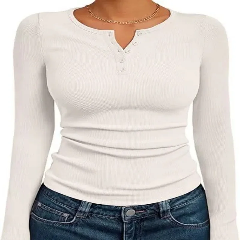 Frauen Herbst Frühling Top O Neck Button Langarm Shirts Einfarbig Slim Fit Pullover T-shirt Bluse Einfache Stil Dame Kostüm – Detail 14