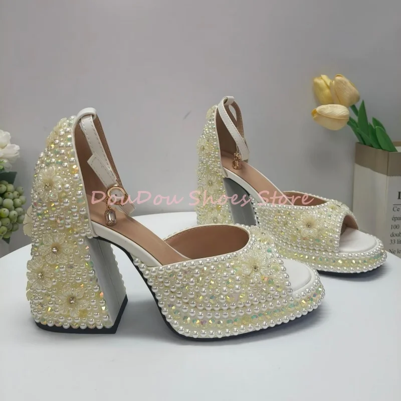 Pearl Rhinestone Flower Decor Block Heel Sandals Women Peep Toe Ankle Wrap Cover Heel High Heels Luxury Wedding Party Lady Shoes