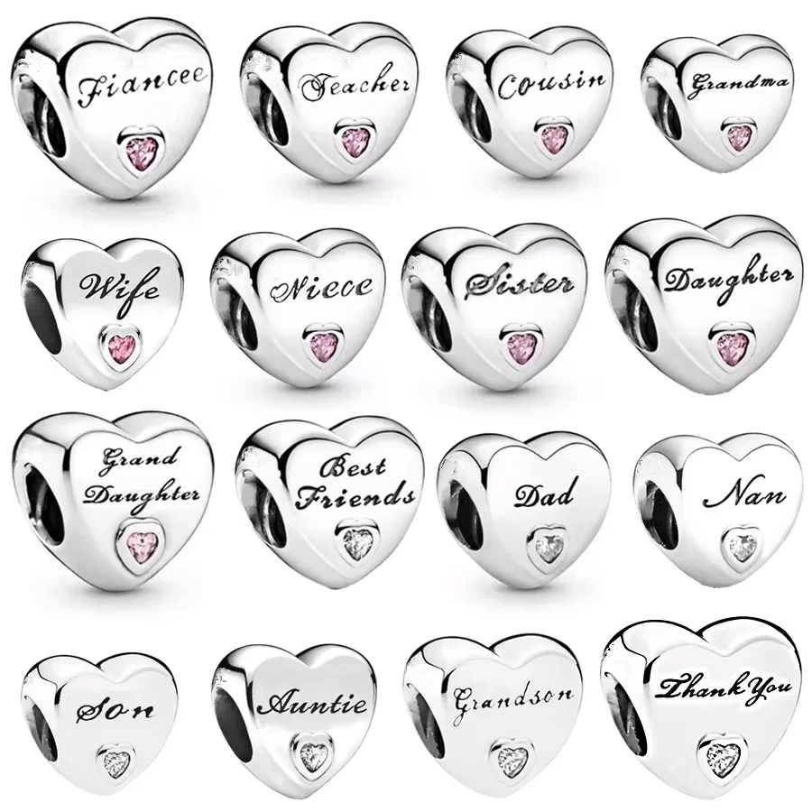 Angel Mom Dad Grandma & Uncle Charms Beads Fit Original 925 Sterling Silver Pandora Bracelet Heart Series DIY Women Jewelry Gift