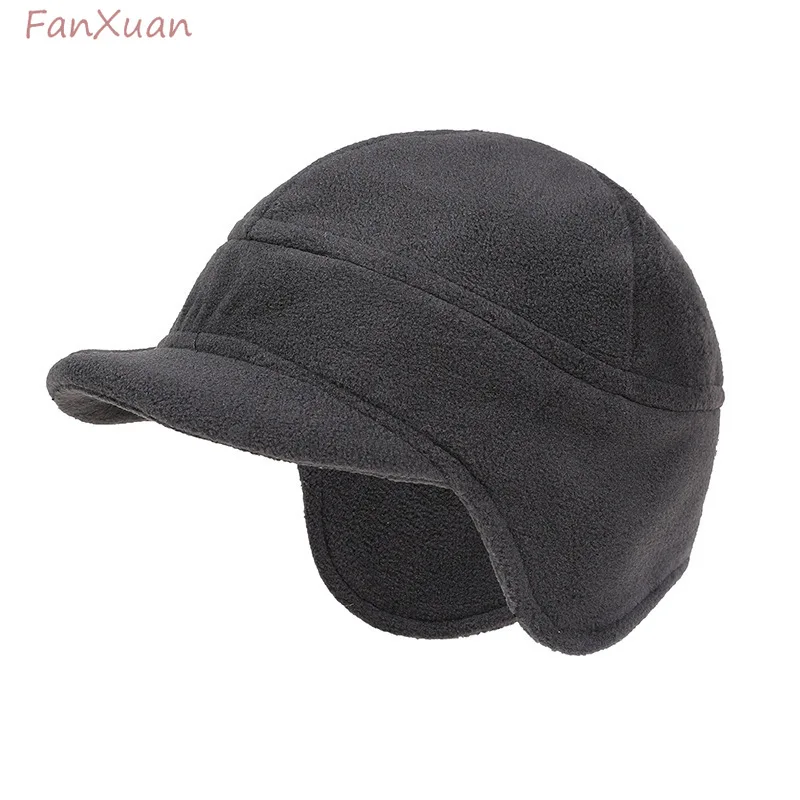 Fleeced Winter Hats with Ear Flaps Men's Baseball Cap Plush Outdoor Ears Warm Men Winter Hat with Short Visor