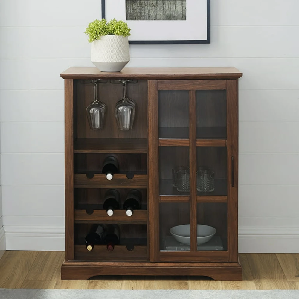 Multi-Use Sliding Glass Door Dark Walnut Bar Cabinet W/ 3 Wine Storage Shelves