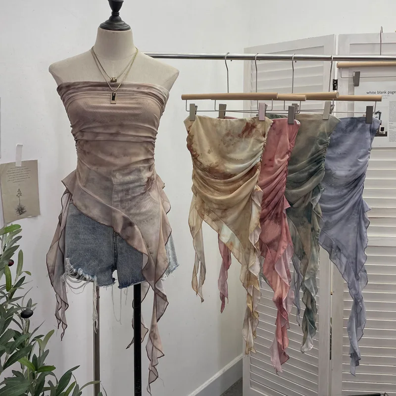 

High Quality Hot Selling Wholesale Tie Dye Ruffle Edge Mesh Strapless Irregular Ribbon Chest Wrapped Vest Top Crop Tops Lace Y2k