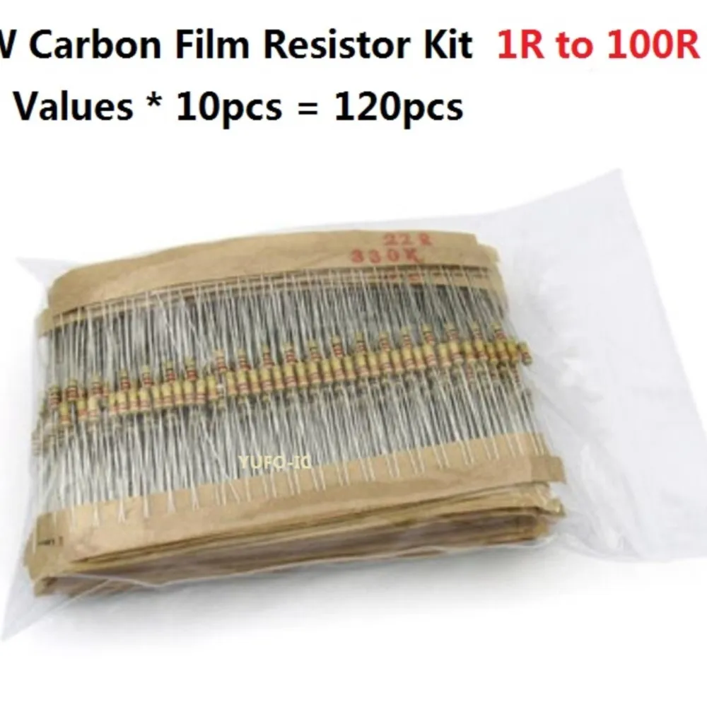 1W 5% 12 values*10PCS=120PCS 1 ohm-100 Ohms Carbom Fillm  Set Assorted 1R To 100R Assortment Pack good quality Resistor Kit