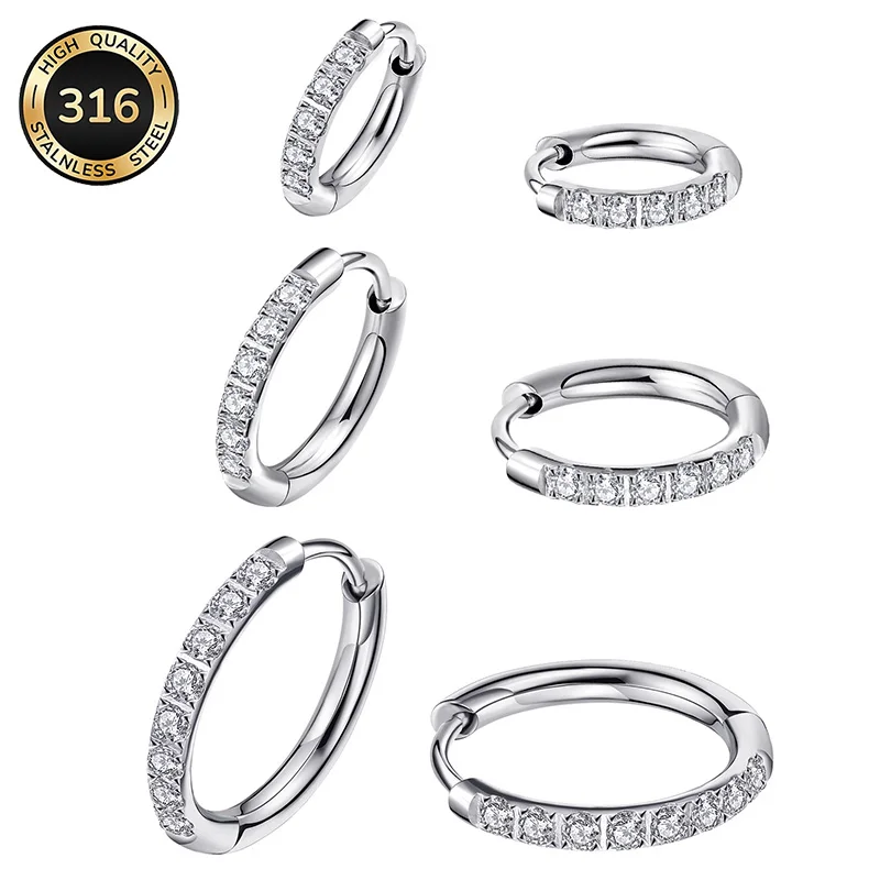 Stainless Steel CZ Hoop Earrings Women Silver Pave Huggie 8mm 10mm 12mm Pair Minimalist Dainty Elegant Fashion Jewelry Gift