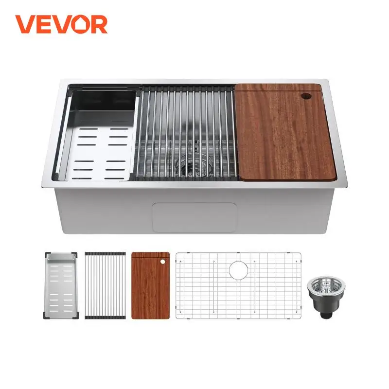 VEVOR 25-32inch Stainless Steel Kitchen Sink Undermount Single Bowl Workstation Step Sink with Cutting Board and Basket Strainer