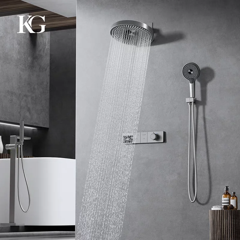 

Luxury 300mm Rainfall Overhead Shower Set Brass Bathroom Concealed Shower Mixer Set 2 Functions Shower Faucet Tap System,Grey