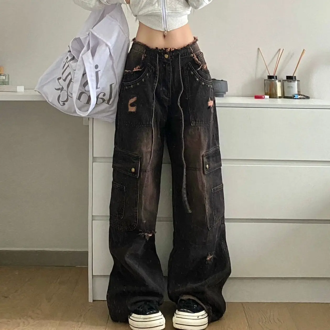 Spring and Autumn American Street Men and Women Hip Hop Loose Straight Work Jeans Trendy and Personalized Wide Leg Casual Pants