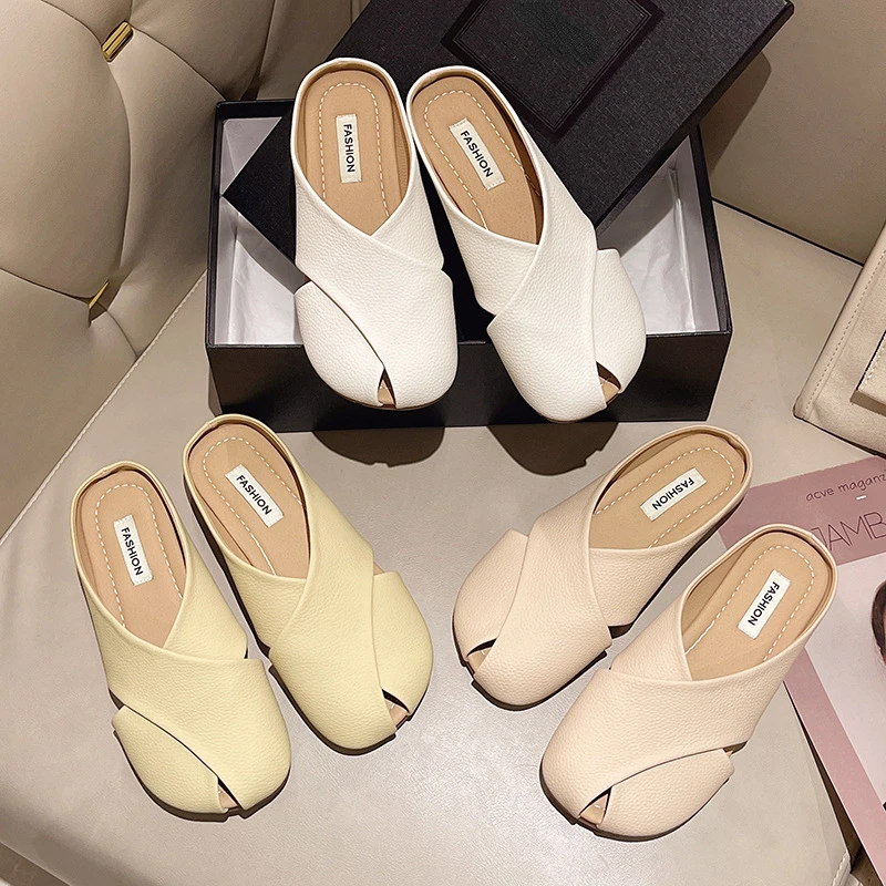 

2023 Summer New PU Leather Slippers Women Spring Summer Mules Shoes Square Toe Flat Sandals Casual Shoes Ladies Sandals Slippers