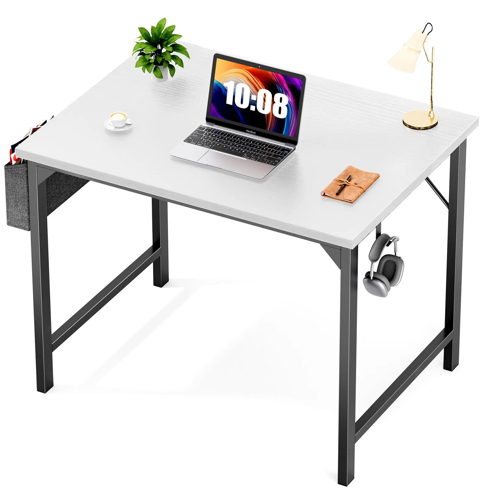 JHK Mesa de computador para escrita, estudo, escritório, mesa de jogos, estilo simples e moderno, compacto com bolsa lateral, gancho para fone de ouvido, fácil montagem