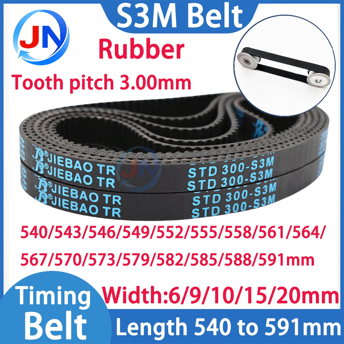 S3M Zahnriemen L=540 543 546 549 552 555 558 561 564 567 570 573 579 582 585 588 591mm Gummi-Zahnriemen Breite 6/9/10/15/20mm