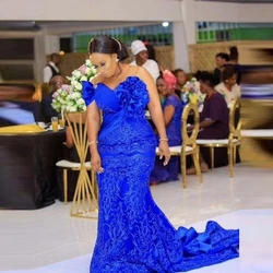 Evening Dress Lace Appliques Women Gowns For Party Royal Blue Plus Size Prom Dress Sheer Neck Ruffles Beads Sequins Mermaid