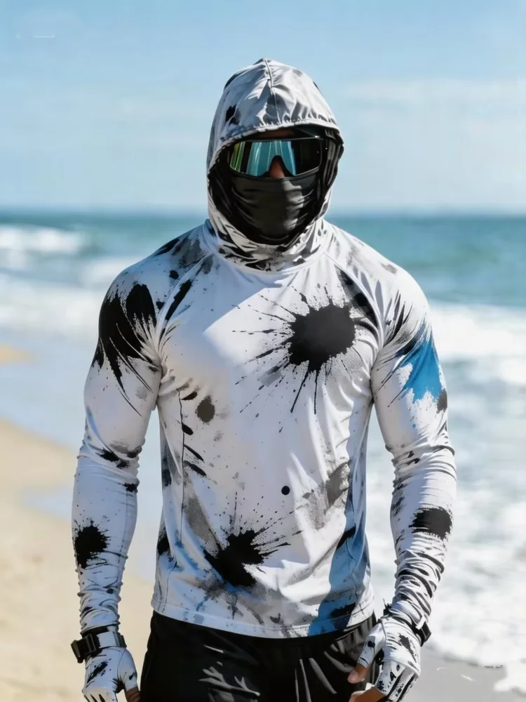 Camiseta con Capucha para Hombre con Protección Solar UPF50+, Estampado de Salpicaduras de Tinta y Grafiti, Cubre Rostro, con Lazos para los Dedos, Protección Anti UV