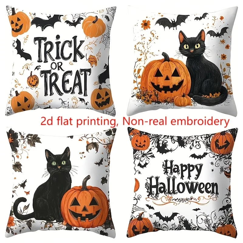 4 Pack Halloween Throw Pillow Covers 2D Flat Printed Polyester Bat Pumpkin Black Cat Pattern Spooky Cushion Case for Home Sofa Couch Living Room Party Decor No AC DC