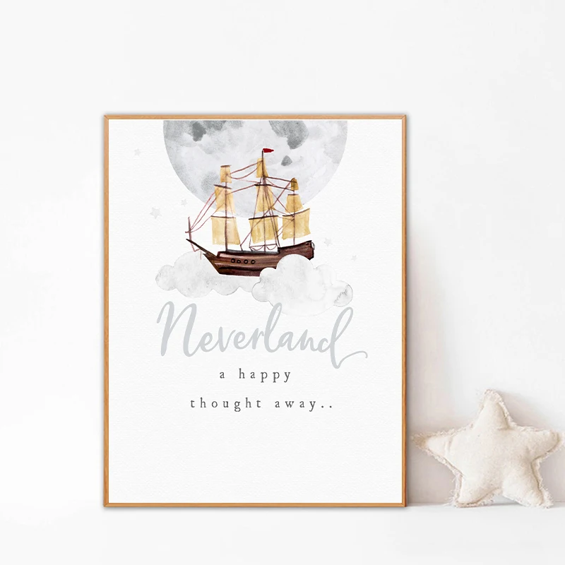 J.M. Barrie Quote Peter Pan Poster Child Adventure Story Wall Art Print Neverland Map Canvas Painting Kids Room Wall Decor