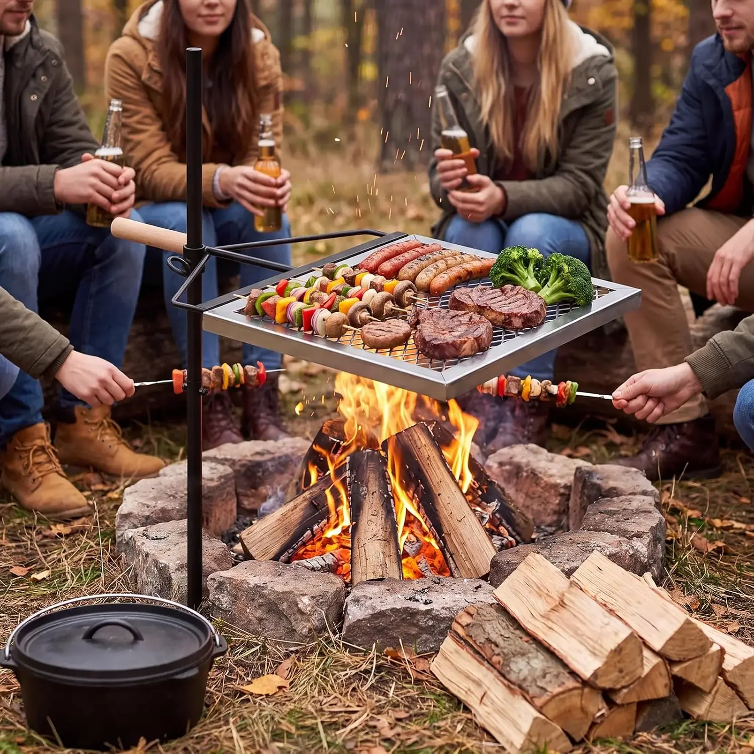 Tacleekii Swivel Campfire Grill 16 X 13 in  Adjustable Diamond Mesh Cooking Surface Detachable Pole Design, Storage Bag, for Fire Pits, Camping, Picnics and Outdoor Cooking