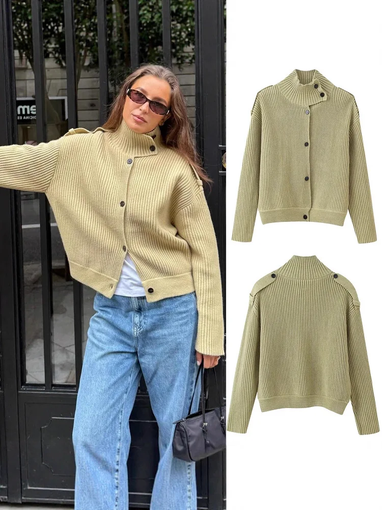 Vintage High Neck Ribbed Knit Cardigan Women Loose Sweater Jacket Casual Epaulet Button Short Coat Autumn Tops Blusa