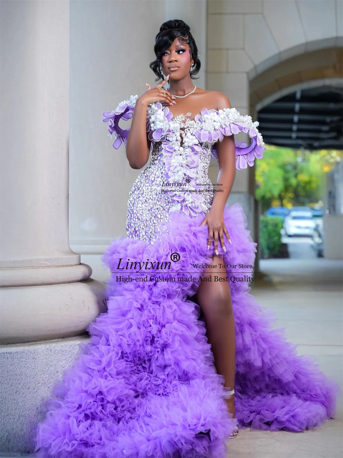 Glitter Rhinestone 3D Floars Prom Dresses For Black Girl Customized Mermaid Evening Party Gown Aso Ebi Ruffles robes de soirée