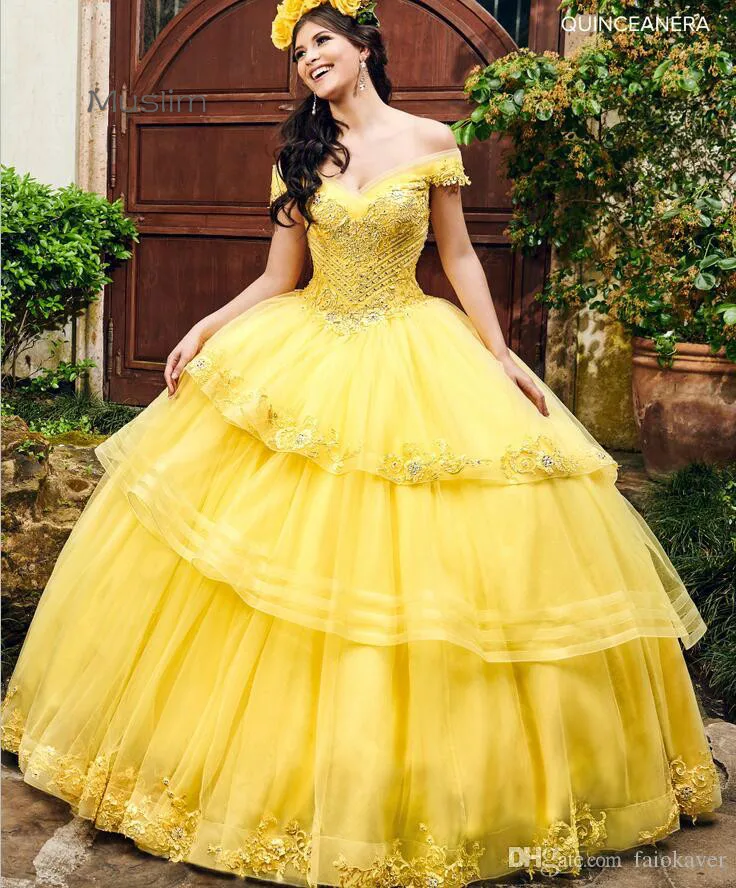 Màu Vàng Đẹp Quinceanera Áo Năm 2021 Ngoài Khơi Shouder Tầng Đính Hạt Ngọt 15 Tuổi Sinh Nhật ĐẦM Vintage Promise