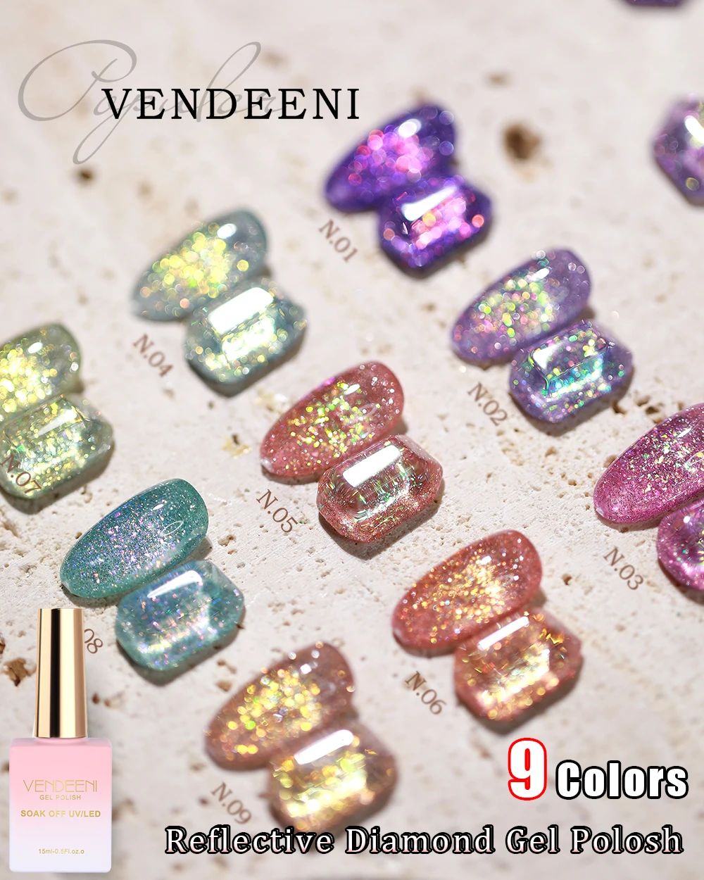 Vendeeni 9-Farben-Glitzer-Chips Diamant-Gel-Nagellack Funkelnder Nagelkunst-Gel-Lack mit Reflektierendem Effekt UV-Nagelgel-Lack – Detail 1