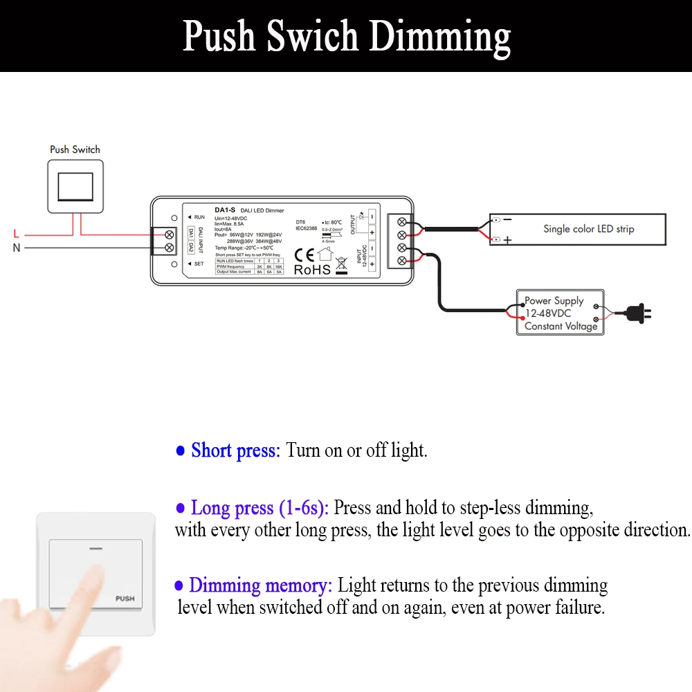 LED DALI Dimmer With Push Switch Dimming PWM digital dimmer for Single Color LED Strip DC 12V 24V Support 3 Kinds PWM Frequency